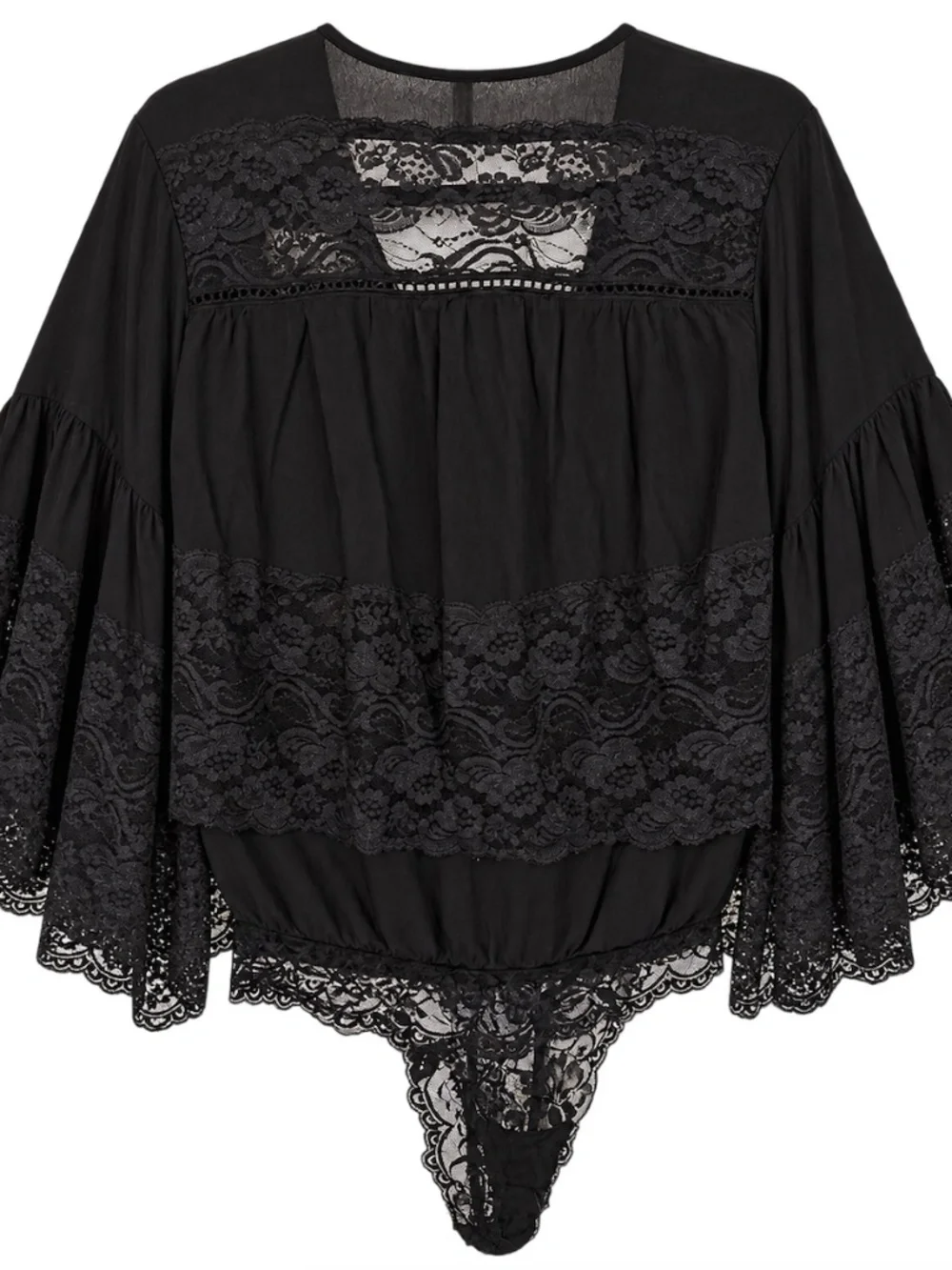 Free People Tiers Not Tears Black Lace Wide Sleeve Bodysuit NWOT Size S